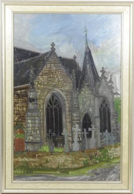 une peinture à l'huile représentant une église avec un cimetière au premier plan