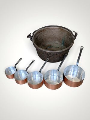 a lot of pots and pans that are on the table