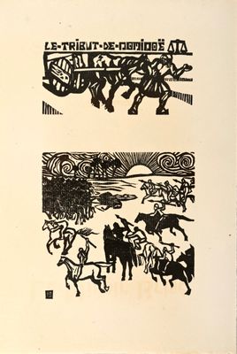 deux illustrations en noir et blanc représentant des personnes à cheval et un homme dans une calèche