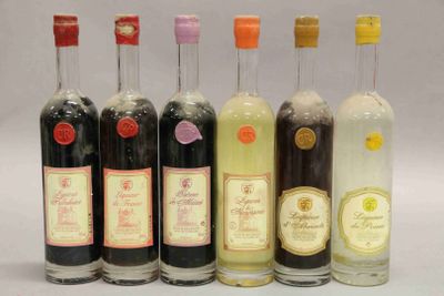 six bouteilles d'alcool sont alignées sur une surface blanche