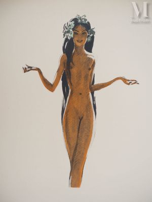 dessin représentant une femme aux longs cheveux noirs, avec une fleur dans les cheveux