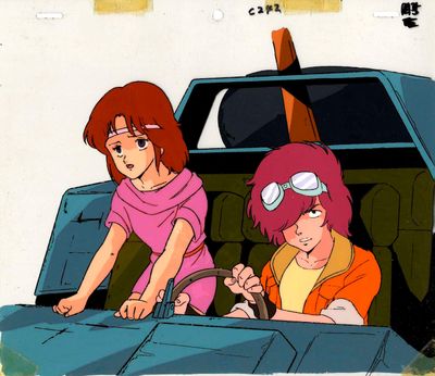 dessin représentant deux femmes dans une voiture, avec un homme à l'arrière