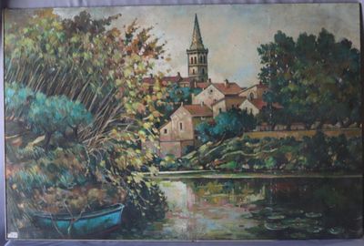 Max TOUTAIN (1935-2006), "L'étang au nénuphar", huile sur pa…