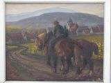 a painting of two men riding horses on a dirt road