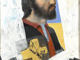 painting of a man with a beard and a hat holding a camera