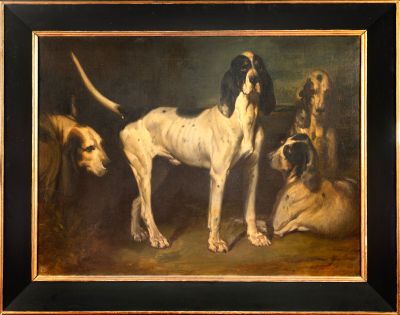 tableau représentant un groupe de chiens dans une pièce, avec un chien allongé par terre