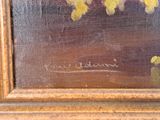 an oil painting of yellow flowers in a vase on a table