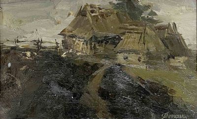 tableau représentant un village perché sur une colline, avec des personnages et des animaux au premier plan