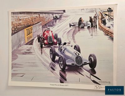 a painting of a race car going down the track