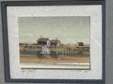 tableau représentant un embarcadère avec une maison et un bateau dans l'eau