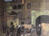 a painting of a street scene with people and a horse