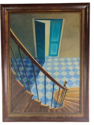 an oil painting of a staircase leading to a blue door