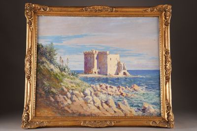 an oil painting of a castle on a cliff overlooking the ocean