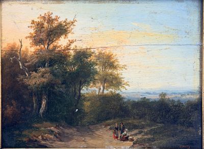 a painting of a man and a woman on a dirt road