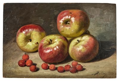 un tableau représentant des pommes et des cerises posées sur une table