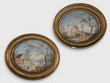 paire de peintures miniatures représentant une scène de vie à la ferme, dans un cadre doré