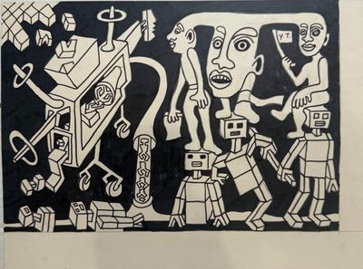 drawing of a group of people in a black and white picture