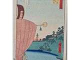a painting of a woman holding a fan in front of a body of water
