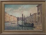 une peinture à l'huile représentant un canal avec des gondoles et un pont
