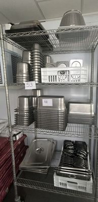 many pans and pans on the shelves in the kitchen
