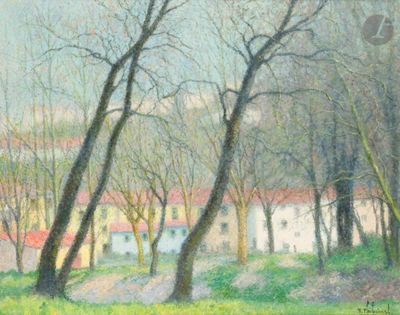 painting of a painting of a house and trees in a field