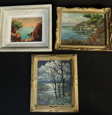 trois tableaux encadrés représentant des arbres et un lac sur fond noir