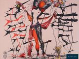 painting of a woman in a red dress holding a bunch of flowers