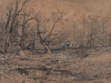 a drawing of a man and a dog in a wooded area