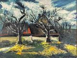 an oil painting of a house and trees in a field