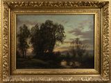 painting of a landscape with trees and a river in the foreground