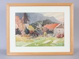 a watercolor painting of a village with a church in the background