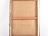 a close up of a painting on a white surface with a wooden frame