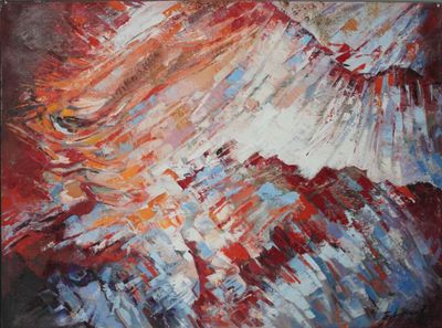 abstract painting of a mountain range with red, white and blue colors