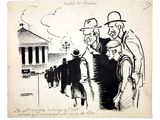 cartoon drawing of a group of men standing in front of a building