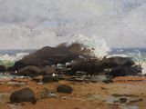 painting of a beach scene with rocks and waves crashing against the shore