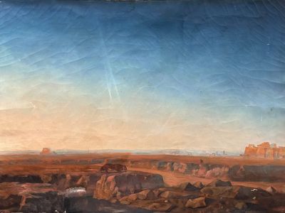 une peinture à l'huile représentant un paysage désertique avec des rochers et de l'eau