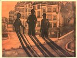 un dessin représentant trois hommes marchant dans la rue