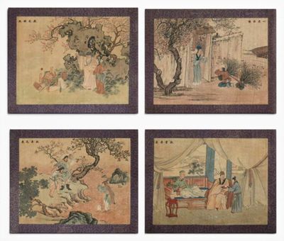 four chinese paintings of women and men in a garden