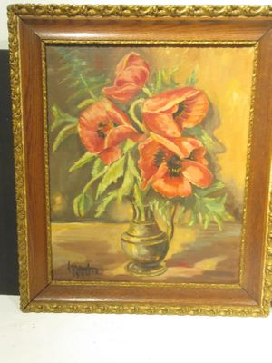 une peinture de fleurs rouges dans un vase sur une table