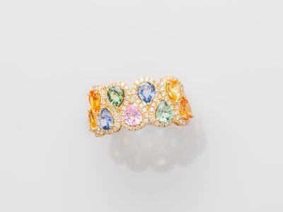 a multicolored sapphire and diamond ring