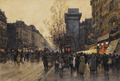 une peinture de personnes marchant dans la rue sous la pluie
