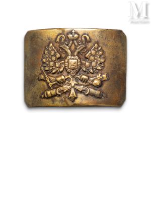 a close up of a brass belt buckle with a coat of arms on it