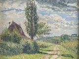 an image of a painting of a country road with a barn in the background