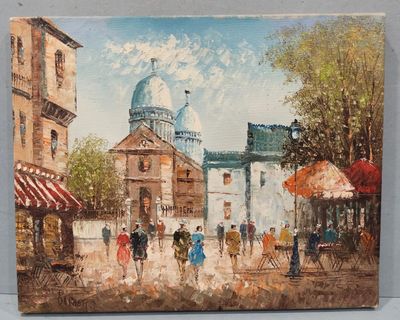 painting of a city street scene with people walking on the sidewalk