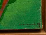 a painting of a giraffe on a green background