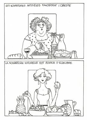 une image représentant une femme de bande dessinée assise à une table, avec une assiette de nourriture devant elle, et une autre image représentant une femme de bande dessinée assise à une table avec