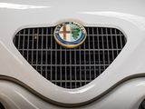 a close up of a white car with a badge on it