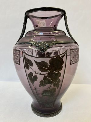 D'ARGYL: beau vase art déco en verre et métal argenté H30cm …