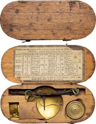 une vieille boîte en bois contenant une horloge en laiton