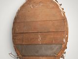 an old wooden mirror hanging on a wall covered in leaves